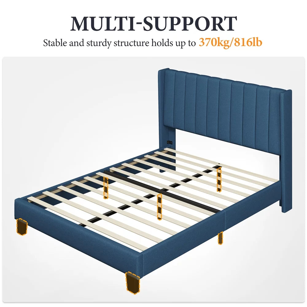 Queen Platform Bed with Upholstered Headboard, Navy Blue M114