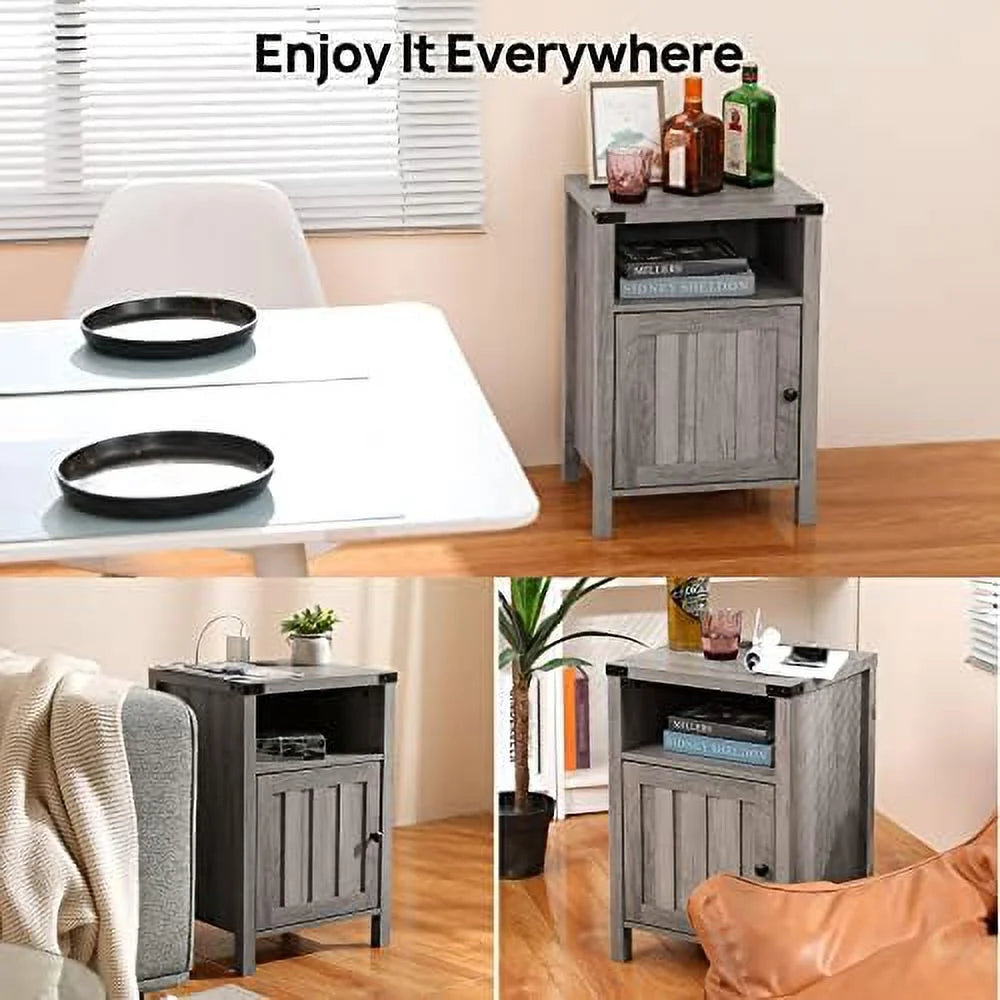 Grey Nightstand with LED Lights and Charging Station Set of 2 Z1761