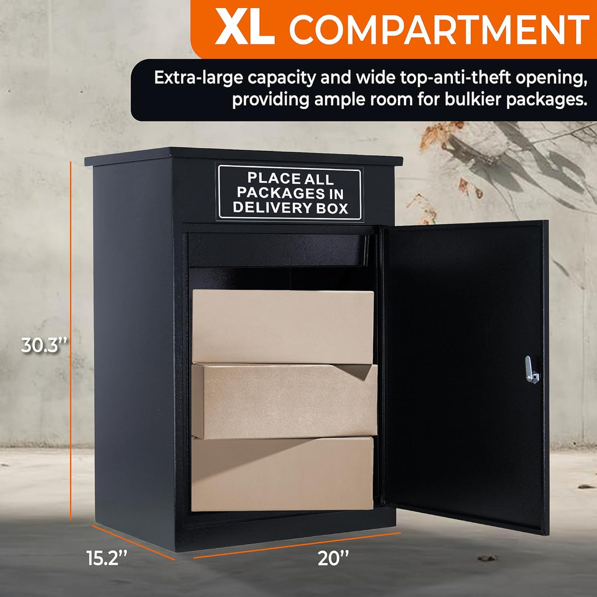 Black Galvanized Steel Extra Large Wall Mounted Lockable Parcel Box (20" x 15.2" x 30.3") R161