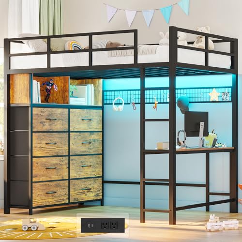 Twin Size Metal Loft Bed with Desk and 8 Storage Drawers, White D229090