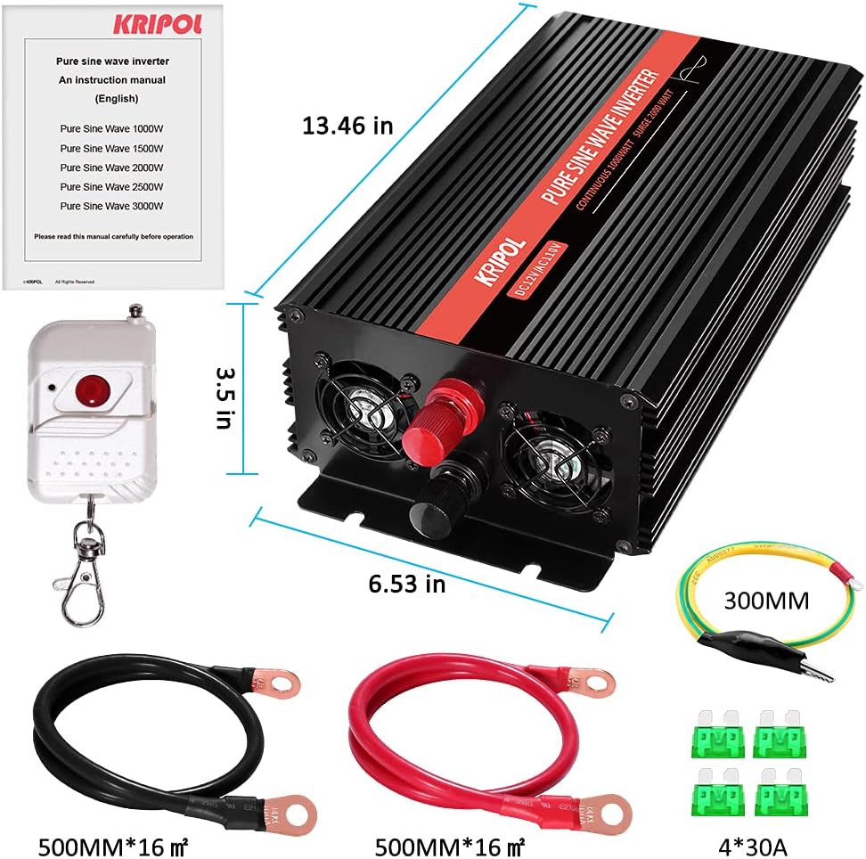 1000 Watt Pure Sine Wave Inverter 12v DC to 110/120v AC with Wireless Remote Control G2575