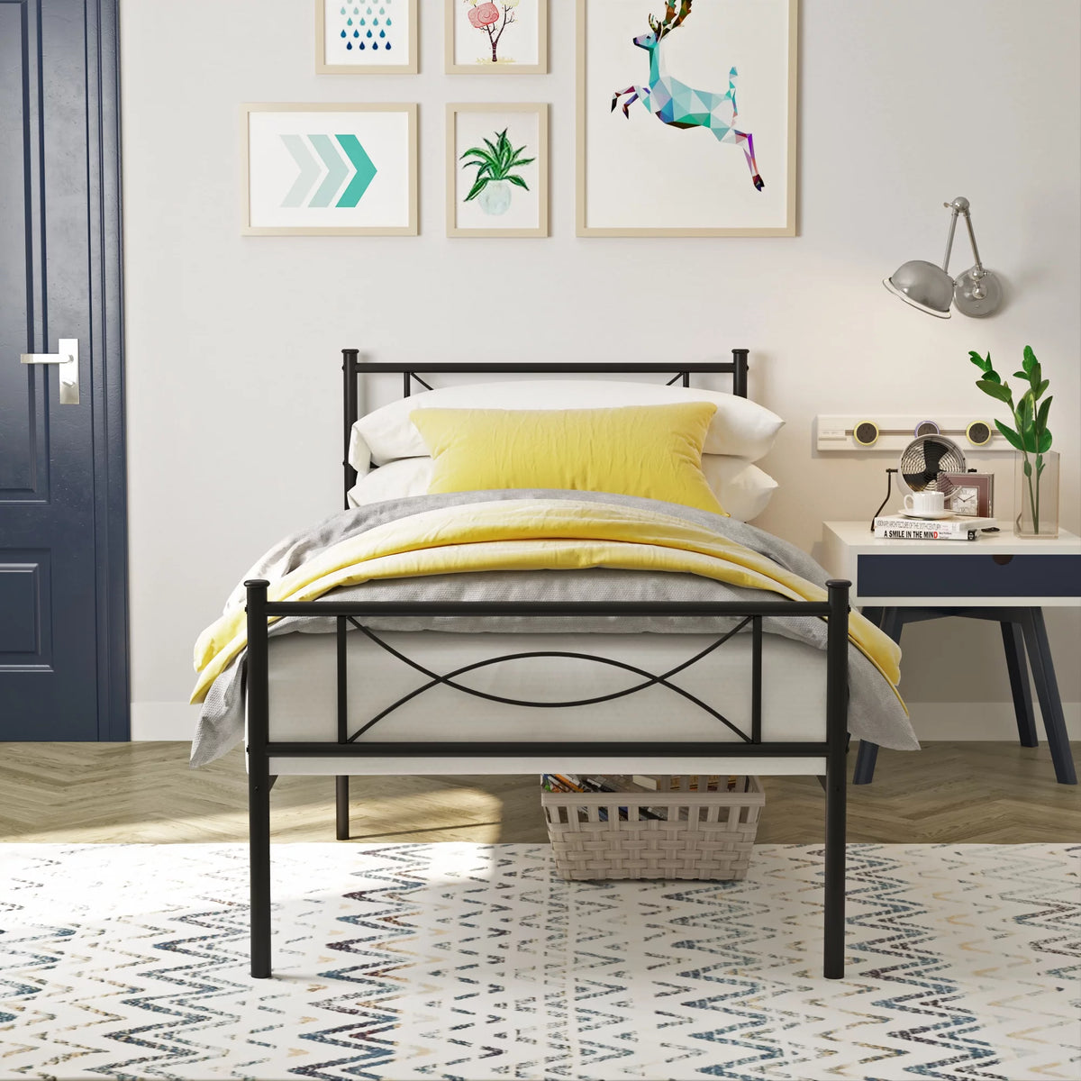 Twin Size Black Metal Platform Bed Frame with Headboard and Footboard A7363