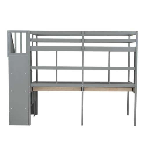 White Twin Size Wood Loft Bed with Storage Stairs and Double Desks M482