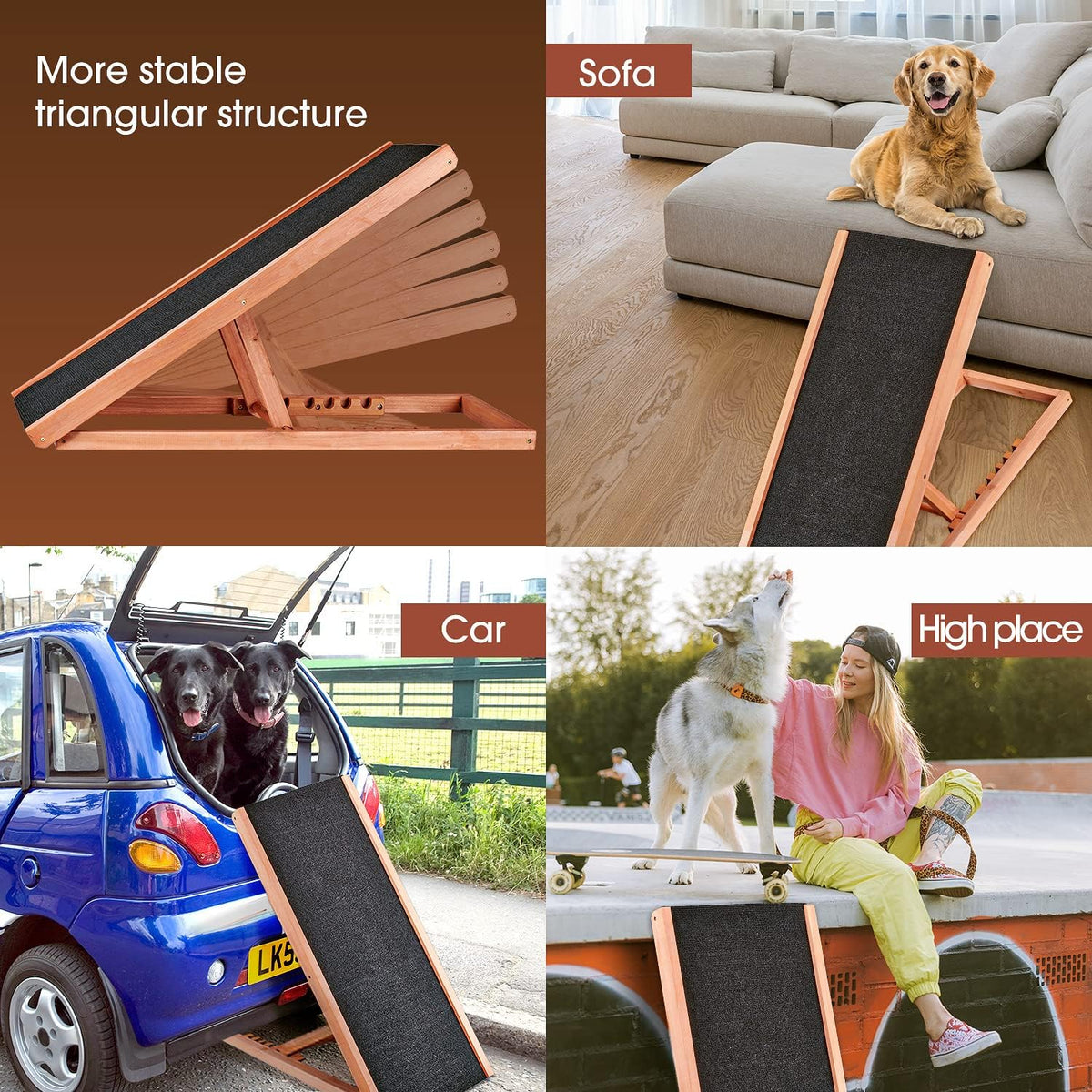 Wooden Height Adjustable Pet Ramp with Non Slip Carpet Surface, Foldable (Large) L780851