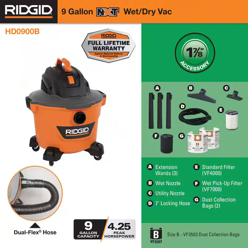 9 Gallon 4.25 Peak HP Wet/Dry Shop Vacuum with Filters Hose and Accessories F1238