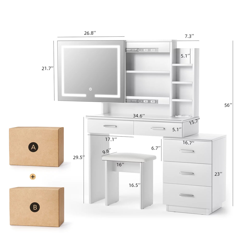White Makeup Vanity Desk with Lighted Mirror and 3-Drawer Chest F130