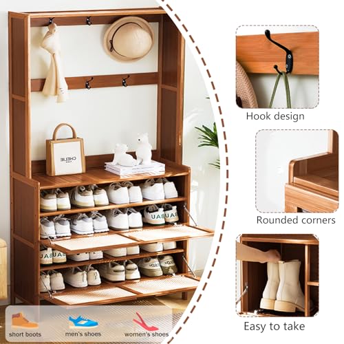 Bamboo Hall Tree with Shoe Storage, 14 Shoe Cubbies, 8 Coat Hooks, Rustic Brown L66314