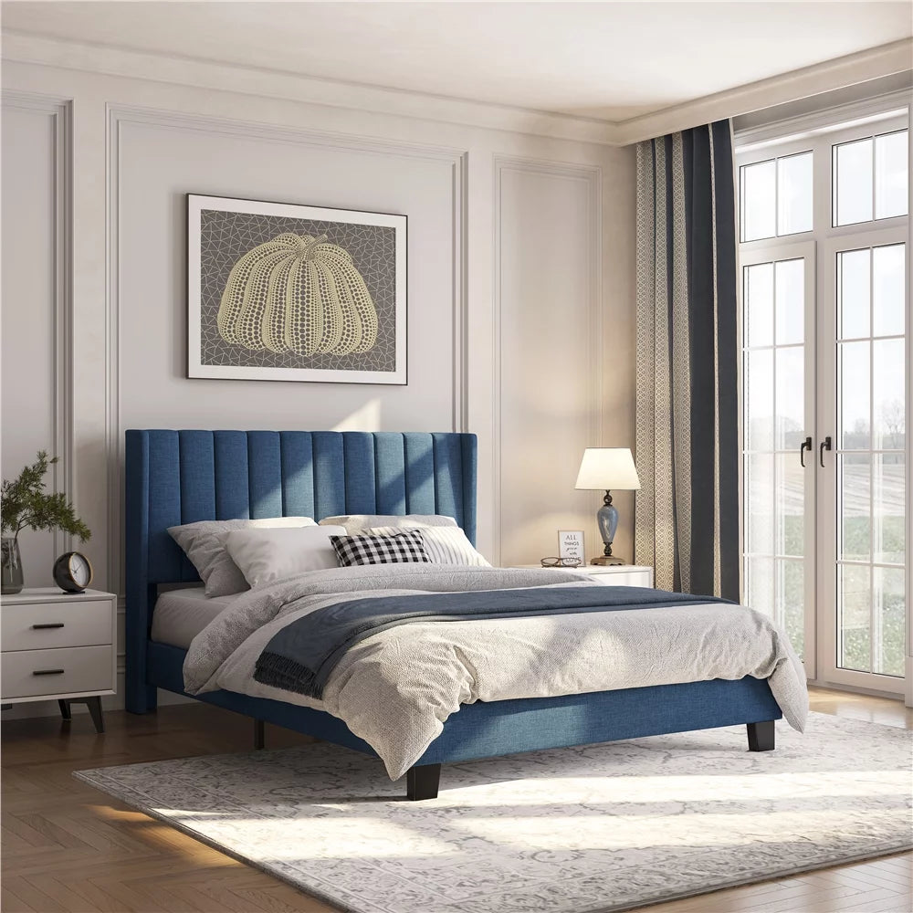 Queen Platform Bed with Upholstered Headboard, Navy Blue M114