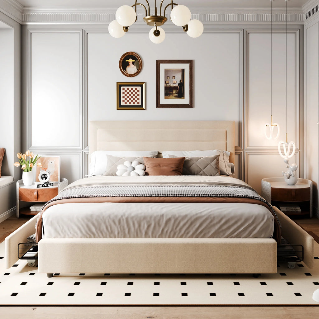 Queen Platform Bed Frame with Wingback Storage Headboard and Velvet Upholstered Headboard Grey E51395
