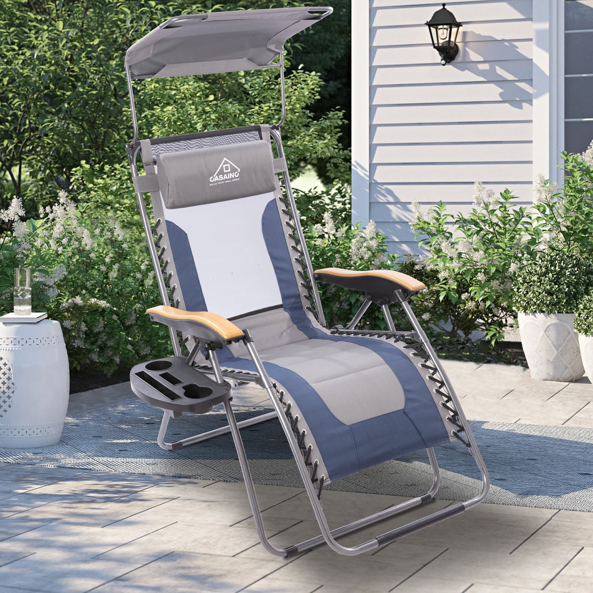 Blue Adjustable Folding Zero Outdoor Recliner with Cup Holder and Canopy Shade W34095