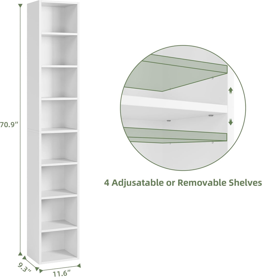 White 8-Tier Narrow Bookshelf with Adjustable Shelves Q300