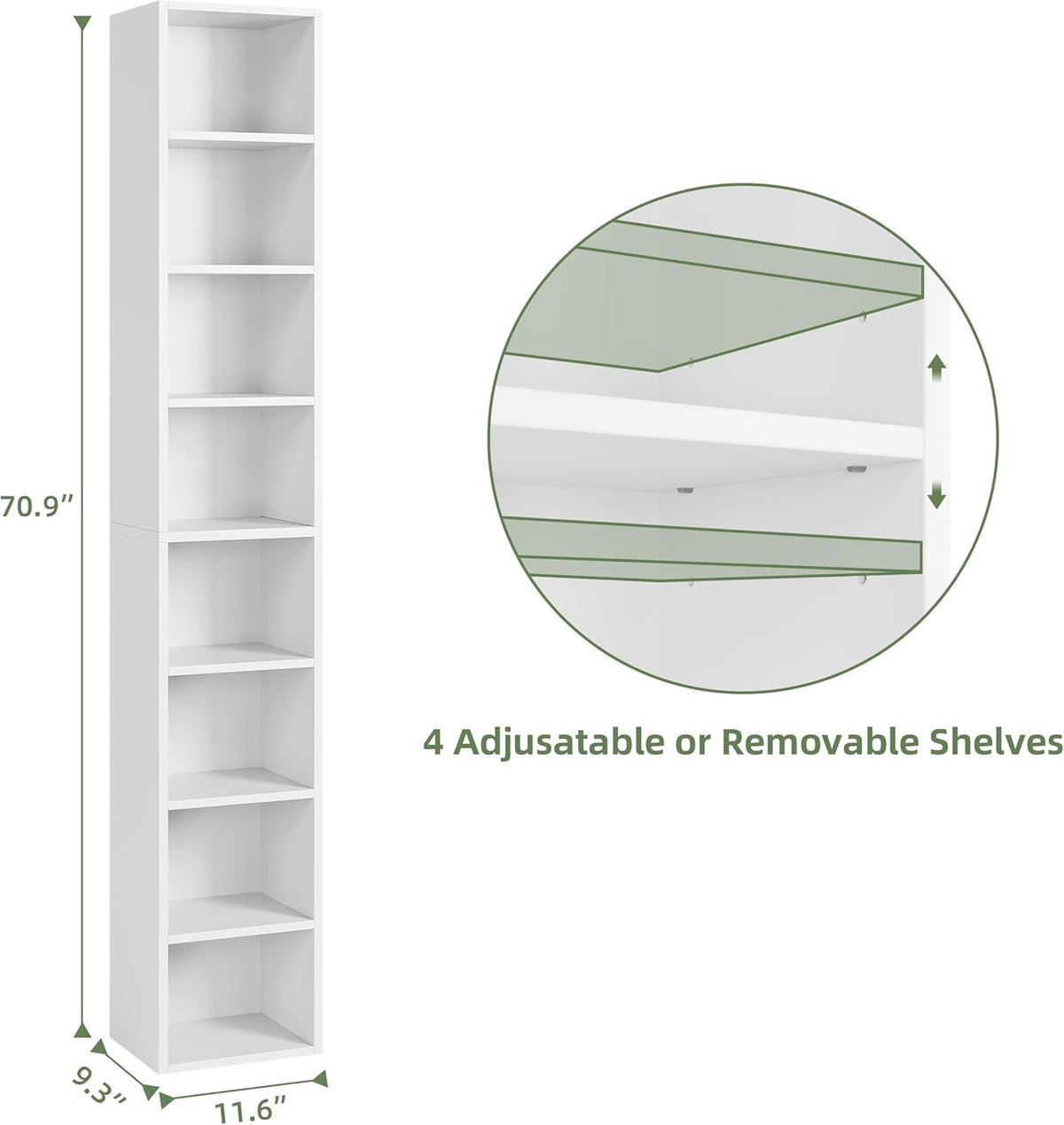 White 8-Tier Narrow Bookshelf with Adjustable Shelves Q300
