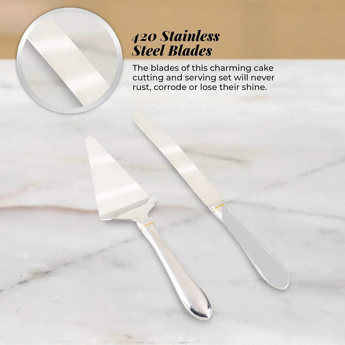 Stainless Steel Cake Knife and Server Set with Serrated Blade P131