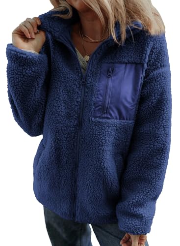 Womens Fleece Jackets Long Sleeve Warm Teddy Coats with Pockets S6821