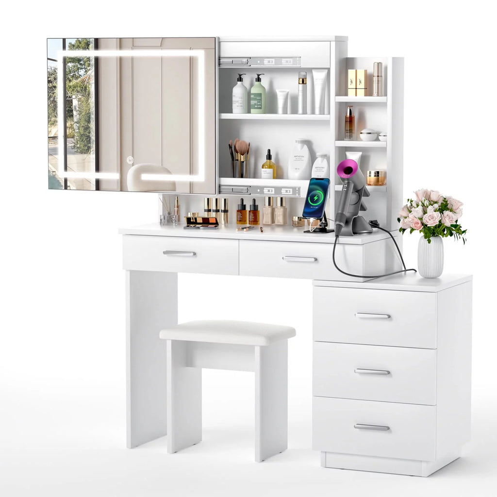 White Makeup Vanity Desk with Lighted Mirror and 3-Drawer Chest F130