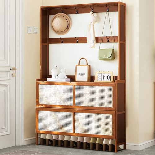 Bamboo Hall Tree with Shoe Storage, 14 Shoe Cubbies, 8 Coat Hooks, Rustic Brown L66314