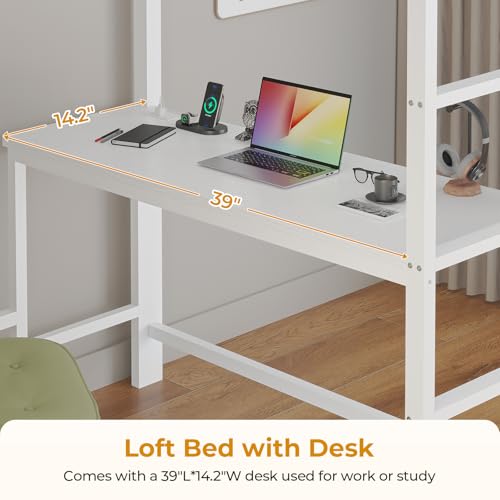 Twin Size Metal Loft Bed with Desk and 8 Storage Drawers, White D229090