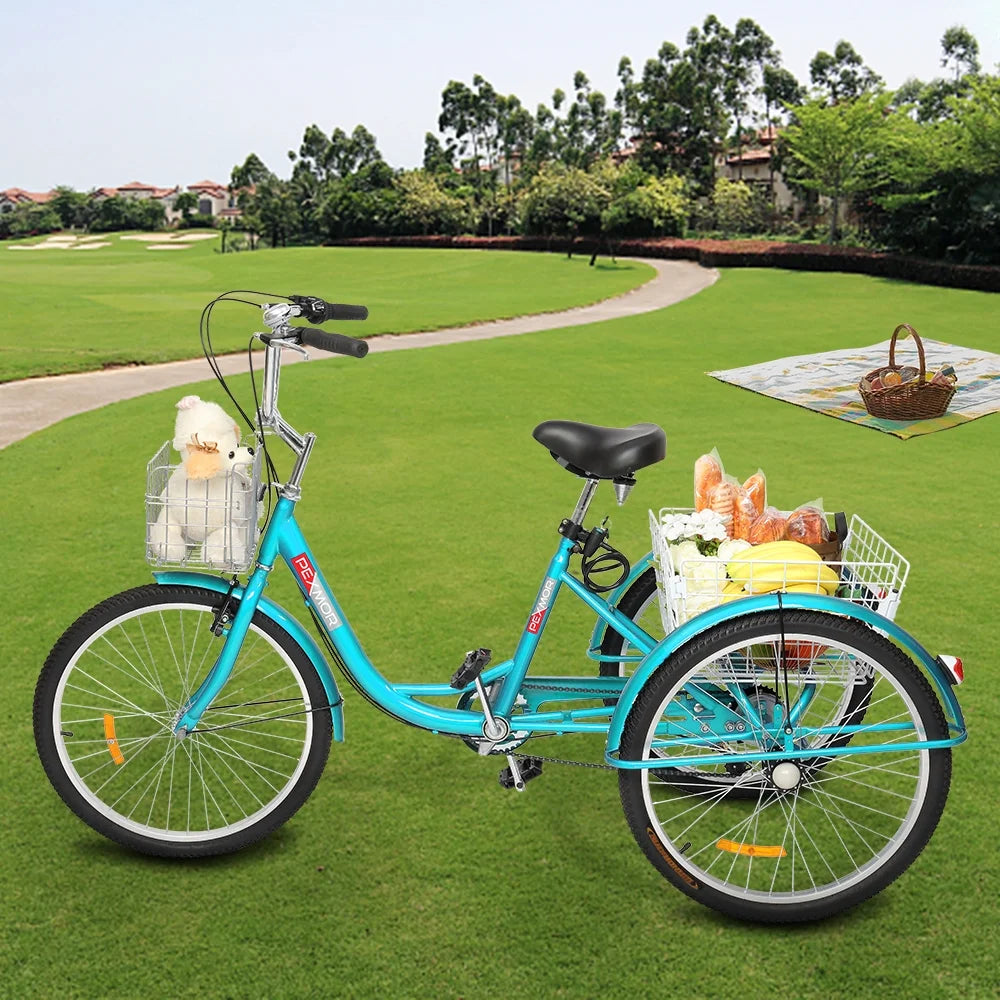 Adult Trike 7 Speed 24/26 Inch Three-Wheeled Cruiser Bike with Folding Front & Rear Basket Adjustable Height Seat F702500