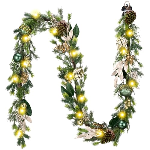 6Ft Prelit Christmas Garland with Pine Cone, Bow Ornaments (Green Gold) O759