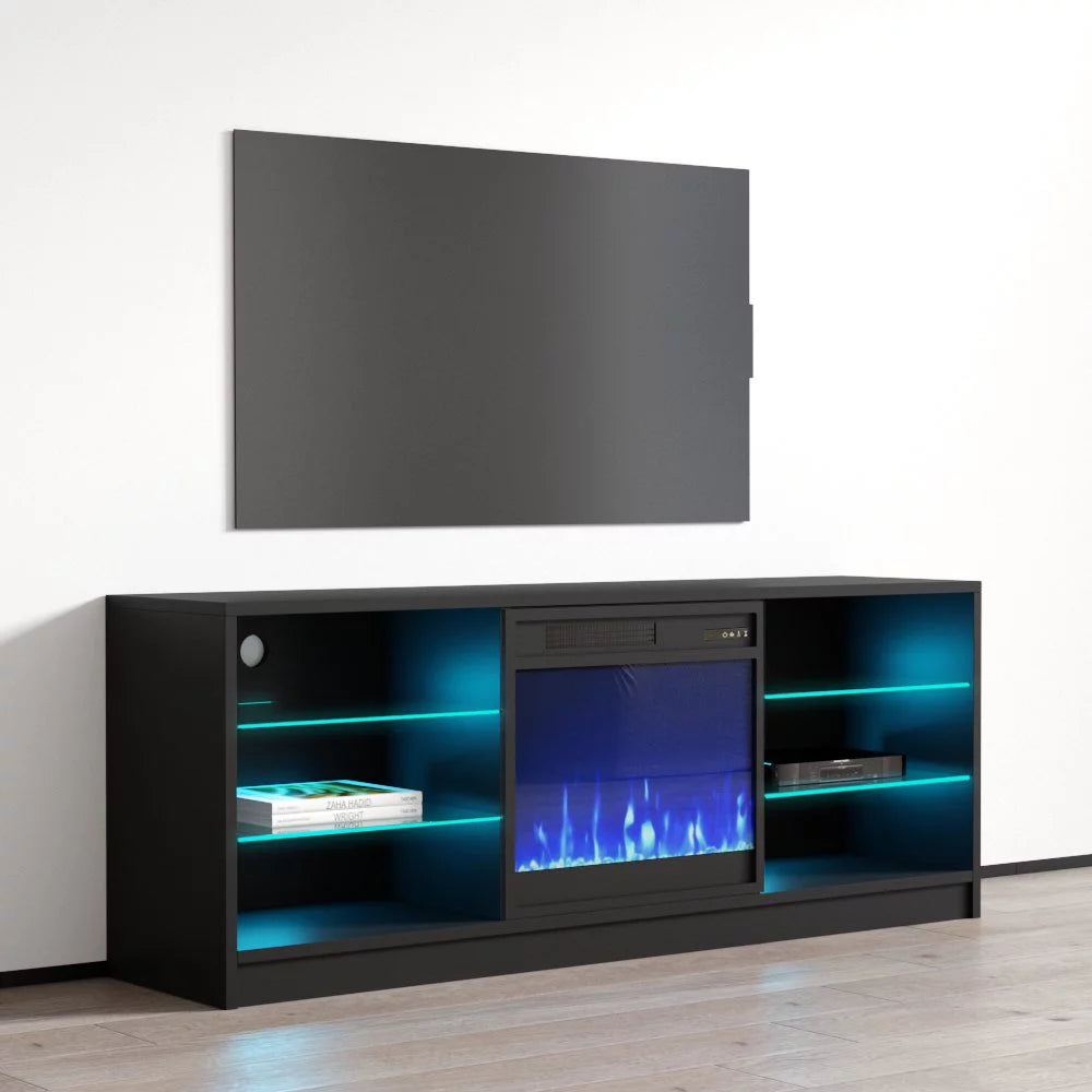 High Gloss Fireplace TV Stand with Storage Cabinets and LED Lights E390