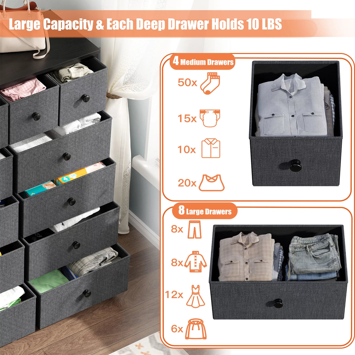 9 Drawer Fabric Dresser with Shelves H215