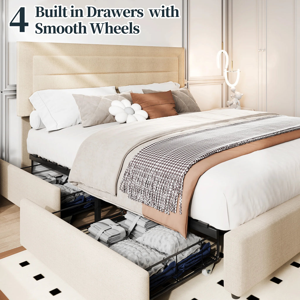 Queen Platform Bed Frame with Wingback Storage Headboard and Velvet Upholstered Headboard Grey E51395