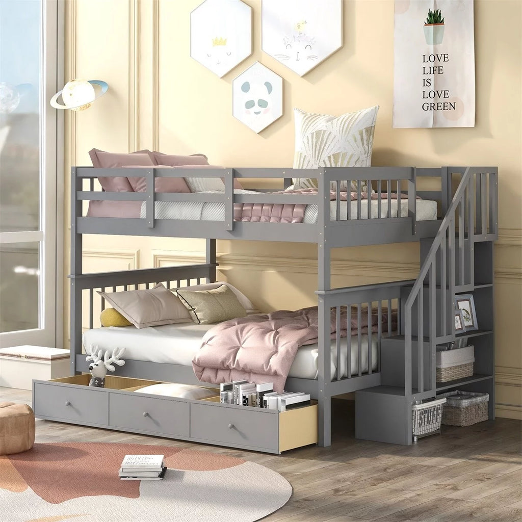 White Full over Full Stairway Bunk Bed with Drawer I305
