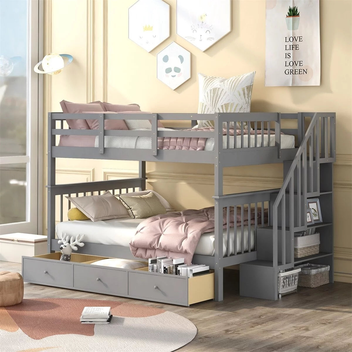 White Full over Full Stairway Bunk Bed with Drawer I305