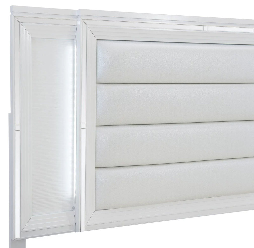 White 1pc Eastern King Platform Bed with Footboard Drawers LED Headboard E915