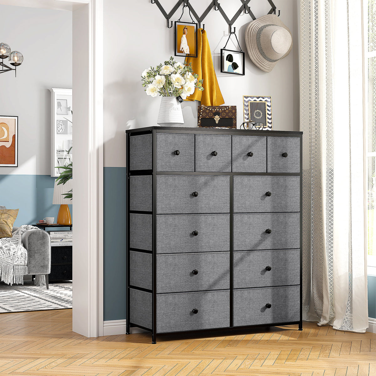 9 Drawer Fabric Dresser with Shelves H215
