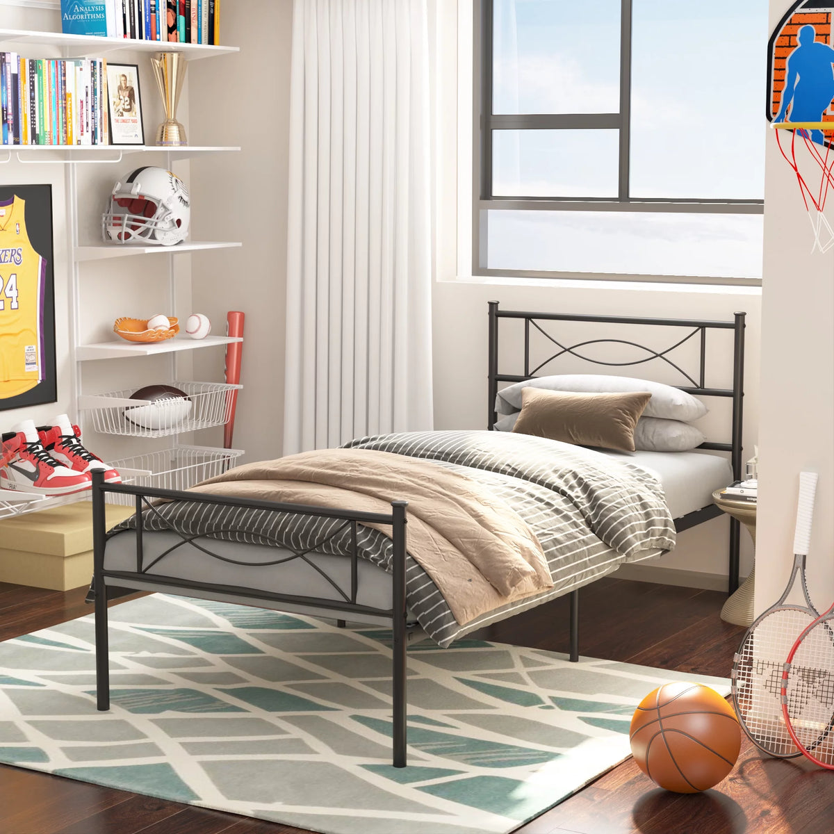Twin Size Black Metal Platform Bed Frame with Headboard and Footboard A7363