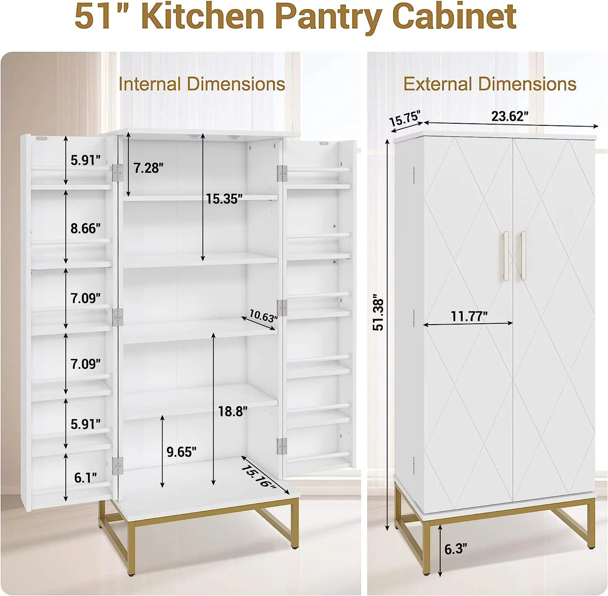 White Freestanding Kitchen Pantry Storage Cabinet with Adjustable Shelves A836916