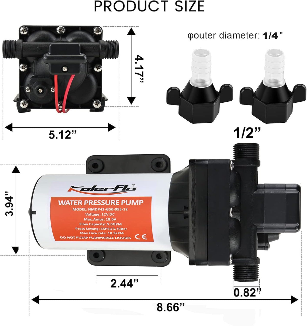 12V DC 5.0 GPM 55 PSI Self Priming Water Pressure Booster Pump P695865