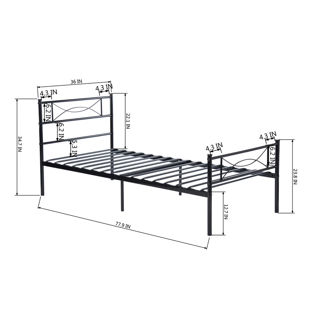 Twin Size Black Metal Platform Bed Frame with Headboard and Footboard A7363