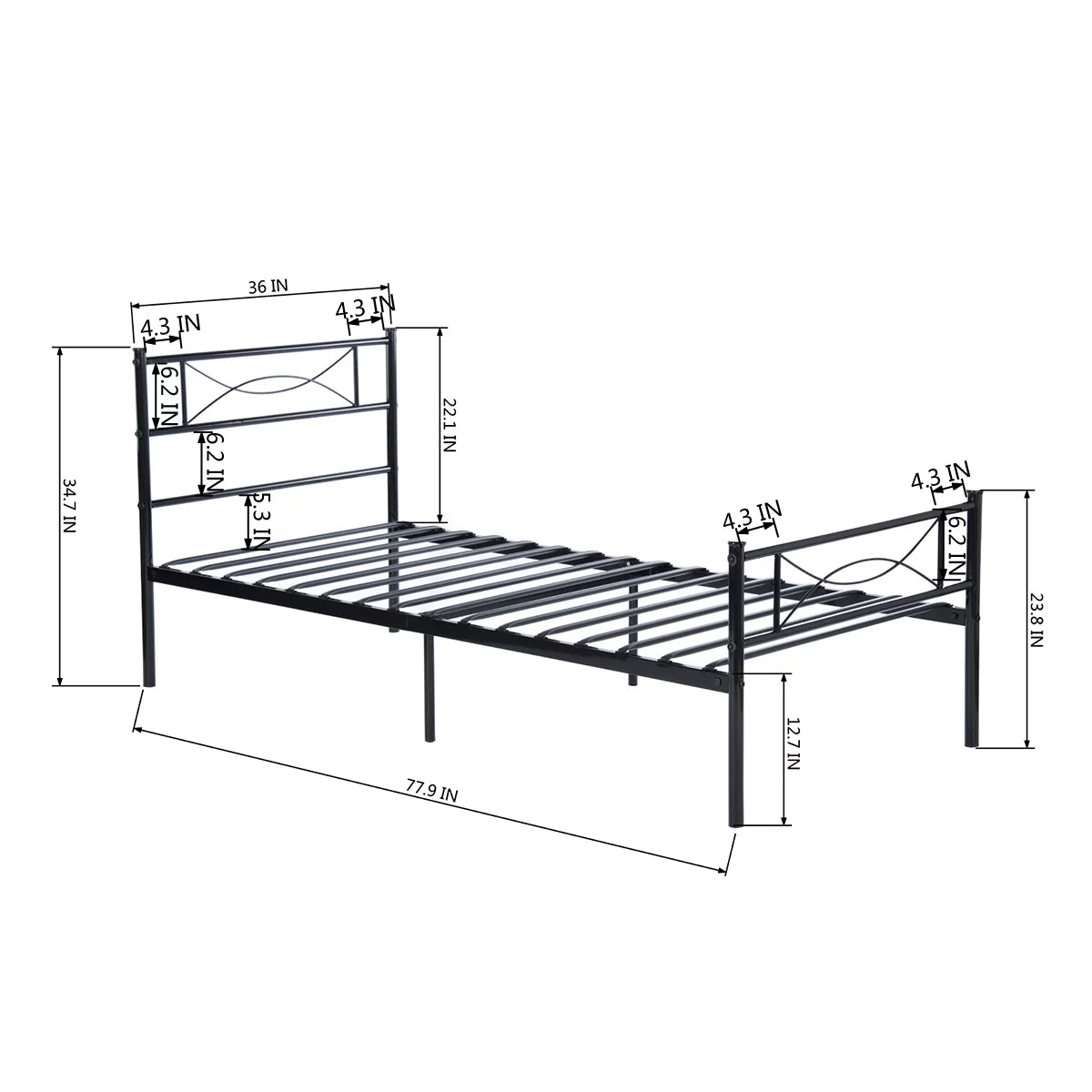 Twin Size Black Metal Platform Bed Frame with Headboard and Footboard A7363