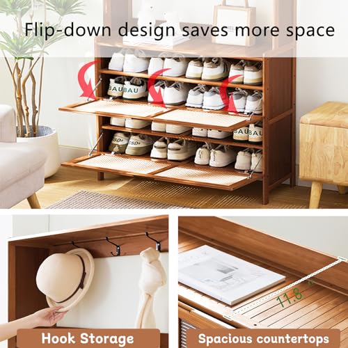 Bamboo Hall Tree with Shoe Storage, 14 Shoe Cubbies, 8 Coat Hooks, Rustic Brown L66314