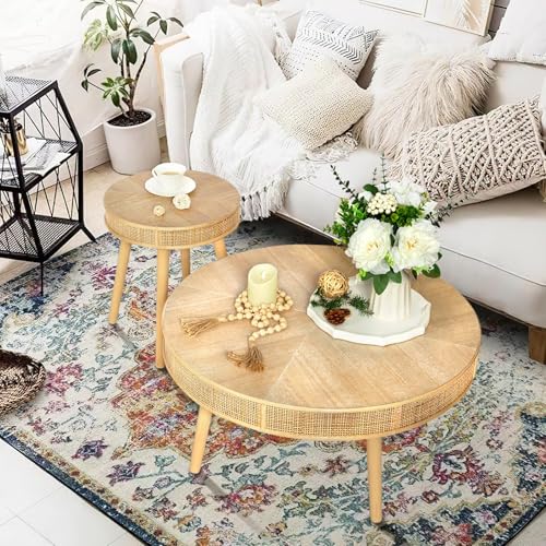 2-Piece Solid Wood Rattan Coffee Table Set R45037