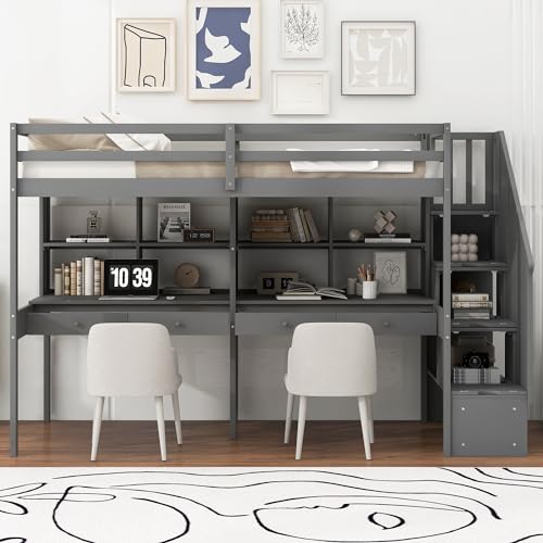 White Twin Size Wood Loft Bed with Storage Stairs and Double Desks M482