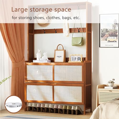 Bamboo Hall Tree with Shoe Storage, 14 Shoe Cubbies, 8 Coat Hooks, Rustic Brown L66314