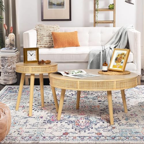 2-Piece Solid Wood Rattan Coffee Table Set R45037