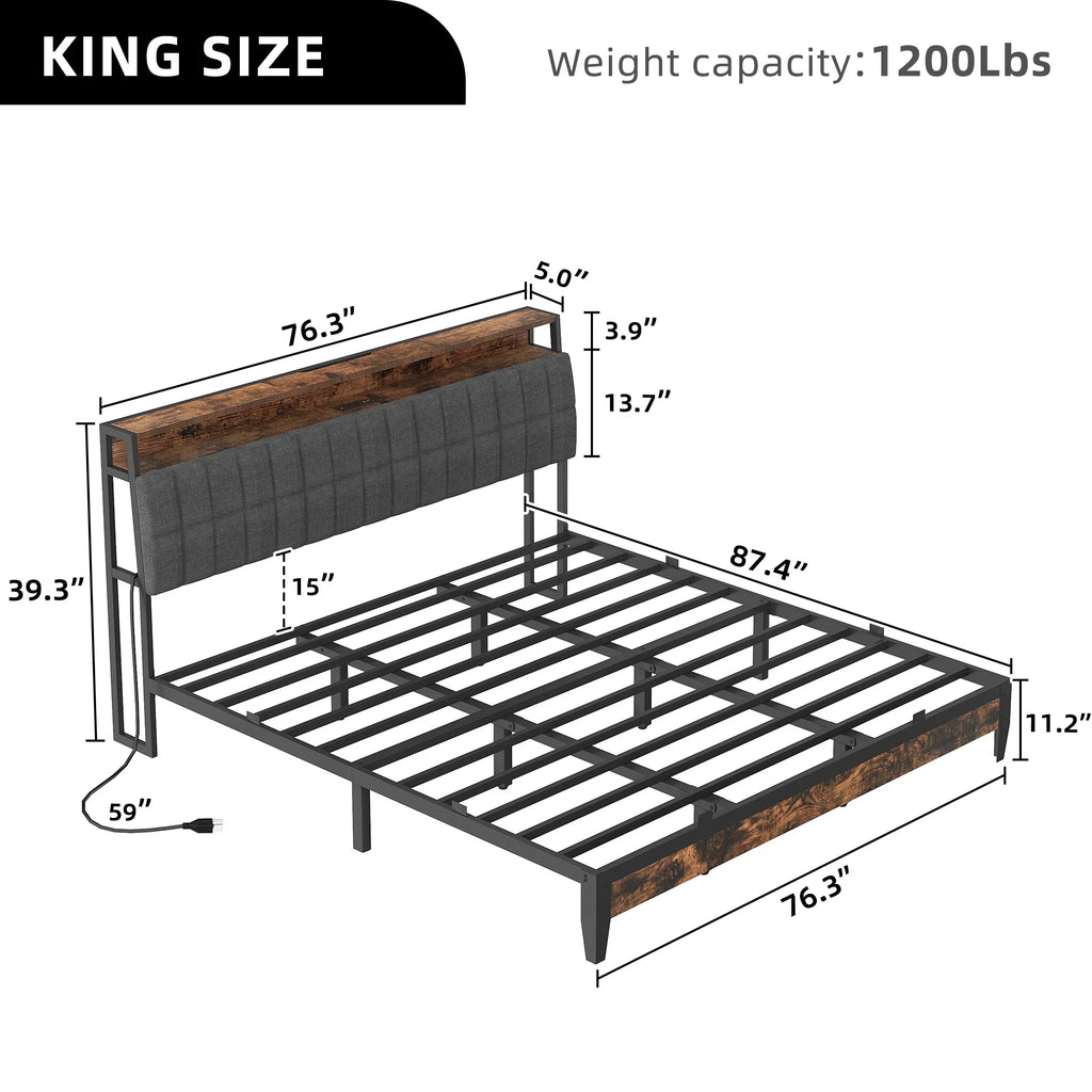 Full Size Upholstered Platform Bed Frame with Charging Station E6597