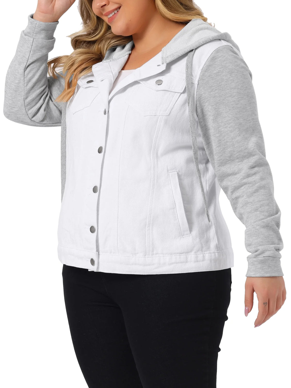 Plus Size Layered Drawstring Hood Denim Jacket V727263