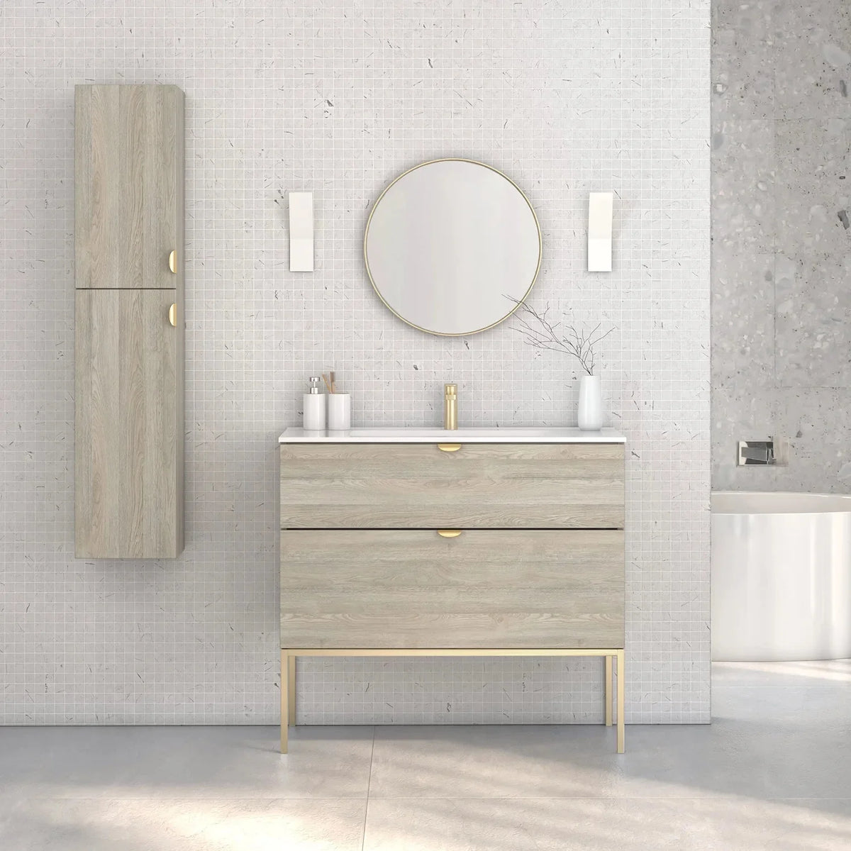 Toasted Oak Wood Finish Column Cabinet with Gold Handles S484