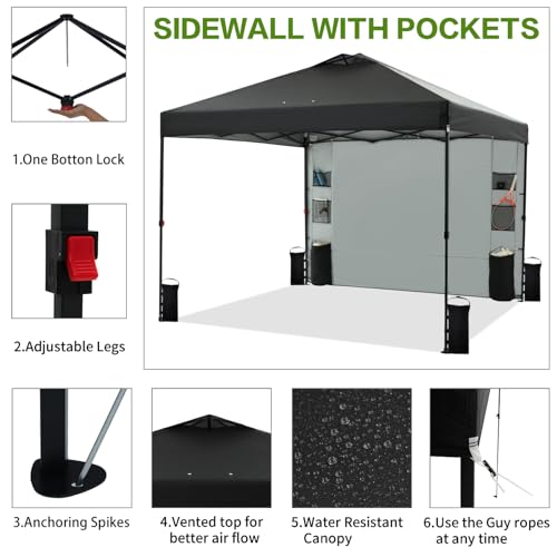 10'x10' Pop Up Canopy Tent with 1 Sidewall and 6 Pockets, White T7413