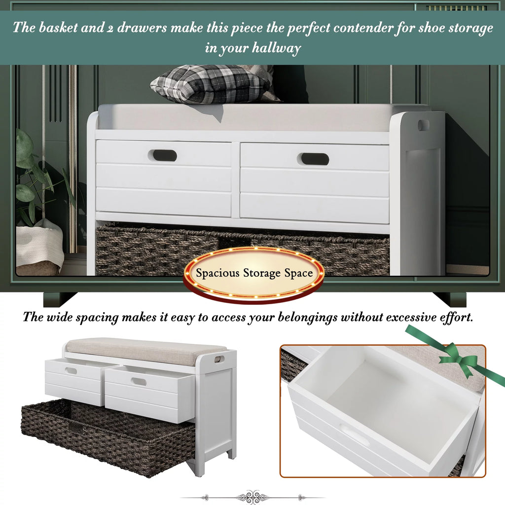 White Storage Bench with Removable Basket and 2 Drawers V52682
