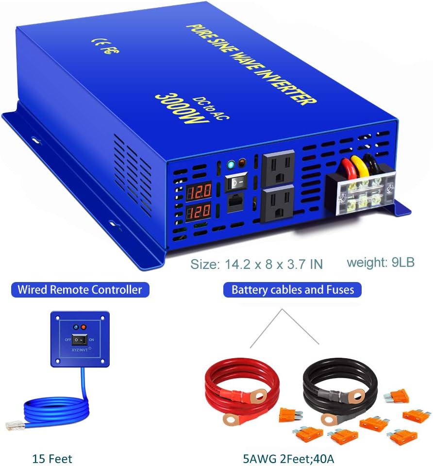 3000W Pure Sine Wave Power Inverter 12V DC to AC 120V X999