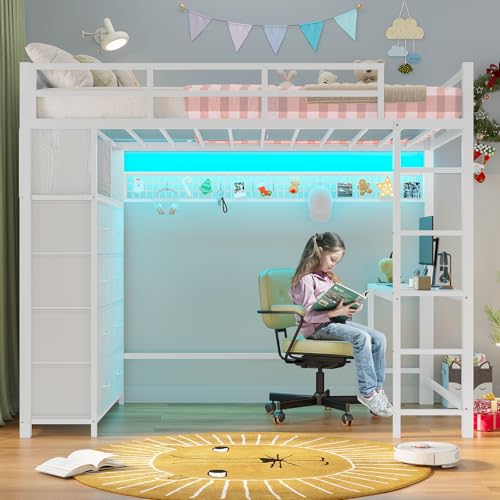 Twin Size Metal Loft Bed with Desk and 8 Storage Drawers, White D229090