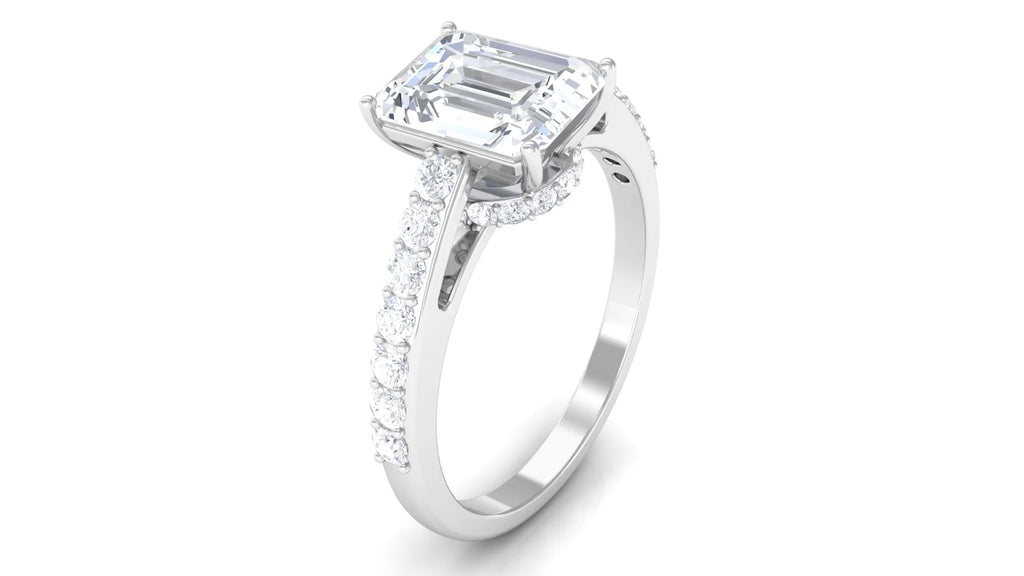 2.25 CT Octagon Cut Moissanite Solitaire Ring in Prong Setting with Surface Side Stones and Hidden Halo, 925 Sterling Silver, US 4.00 Q1496