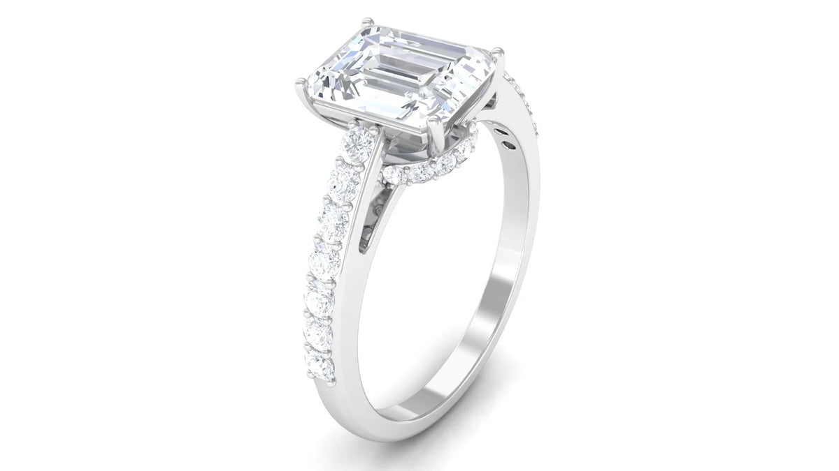 2.25 CT Octagon Cut Moissanite Solitaire Ring in Prong Setting with Surface Side Stones and Hidden Halo, 925 Sterling Silver, US 4.00 Q1496