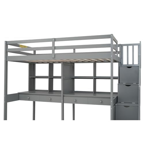 White Twin Size Wood Loft Bed with Storage Stairs and Double Desks M482